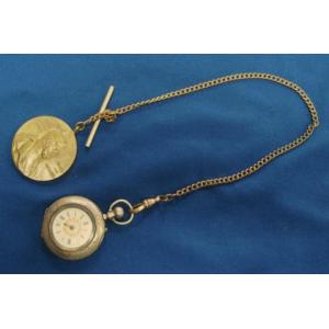 Germany: Silver pocket watch with Prussian medal on chain